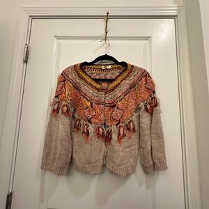 Moth Beige and Multicolor Fringe Cardigan